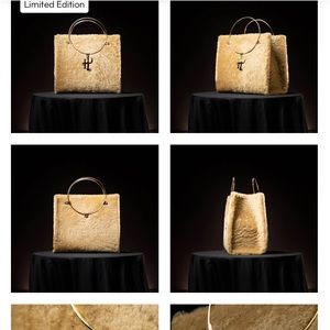 Luxury handbag, shearling exterior with leapard print ponyhair interior
